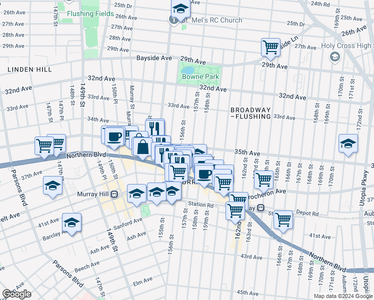 map of restaurants, bars, coffee shops, grocery stores, and more near 35-9 156th Street in Queens