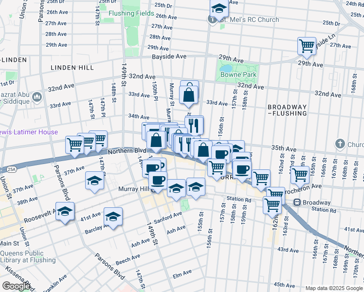 map of restaurants, bars, coffee shops, grocery stores, and more near 35-28 153rd Street in Queens