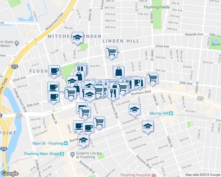map of restaurants, bars, coffee shops, grocery stores, and more near 35-6 Parsons Boulevard in Queens