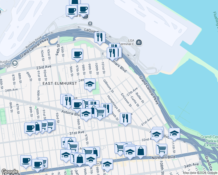 map of restaurants, bars, coffee shops, grocery stores, and more near in Queens
