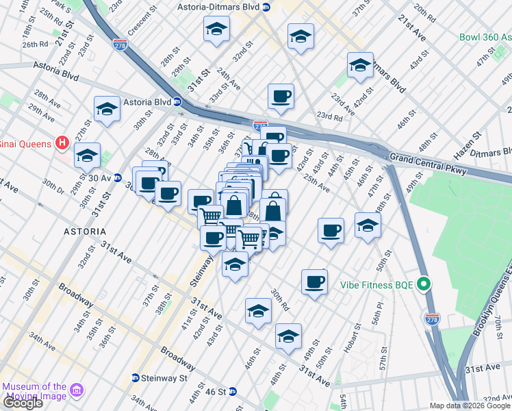 map of restaurants, bars, coffee shops, grocery stores, and more near 25-95 Steinway Street in Queens