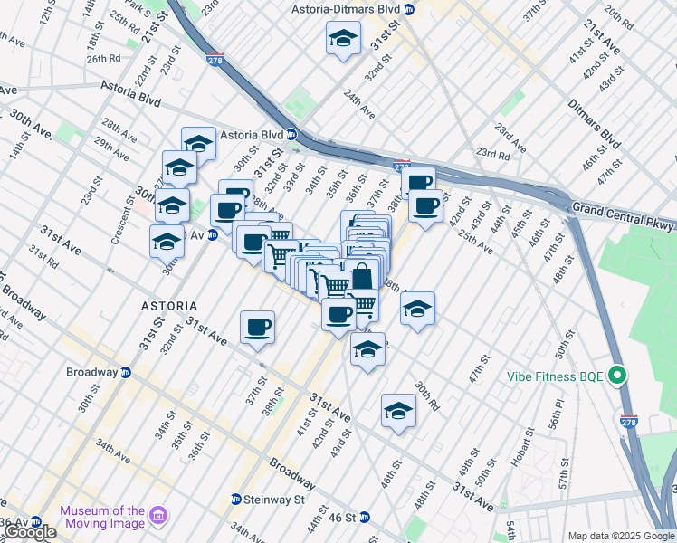 map of restaurants, bars, coffee shops, grocery stores, and more near 28-21 37th Street in Queens