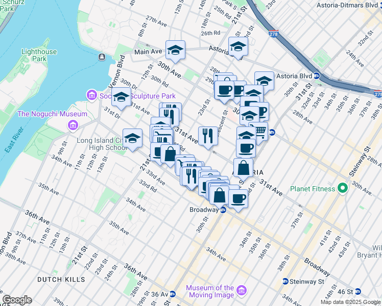 map of restaurants, bars, coffee shops, grocery stores, and more near 23-41 31st Road in Queens