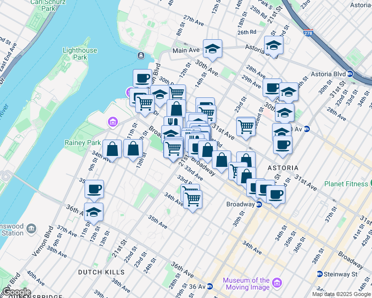 map of restaurants, bars, coffee shops, grocery stores, and more near 14-47 Broadway in Queens