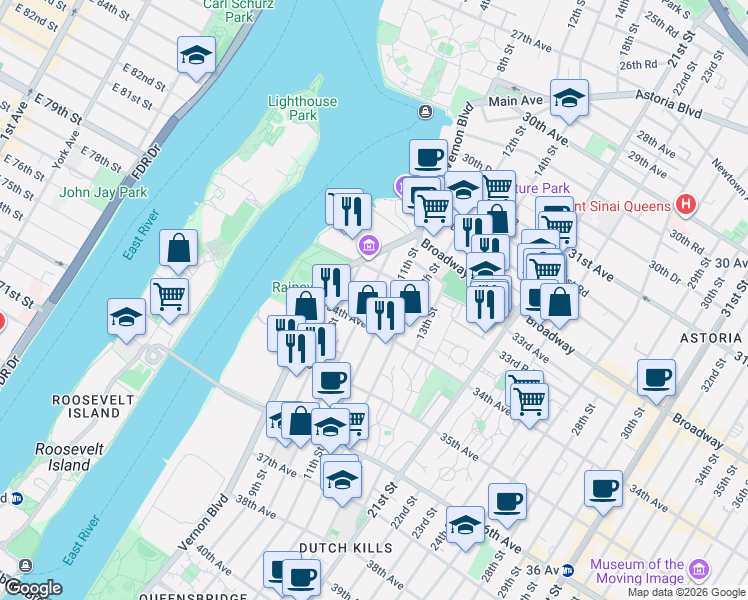map of restaurants, bars, coffee shops, grocery stores, and more near 33-71 10th Street in Queens