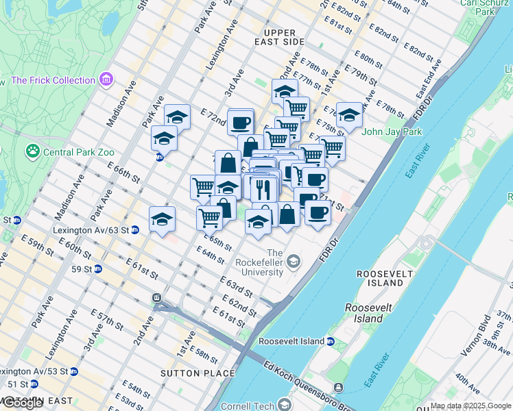 map of restaurants, bars, coffee shops, grocery stores, and more near 1274 1st Avenue in New York