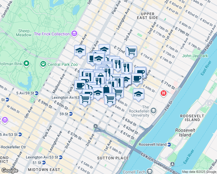 map of restaurants, bars, coffee shops, grocery stores, and more near 221 East 66th Street in New York