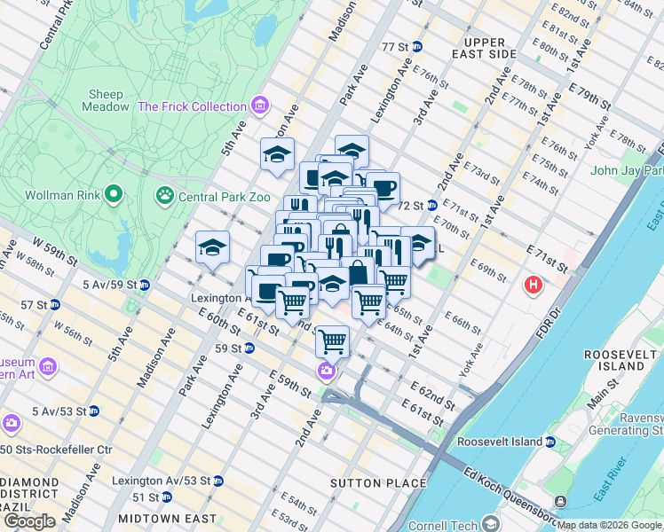 map of restaurants, bars, coffee shops, grocery stores, and more near 200-210 East 65th Street in New York