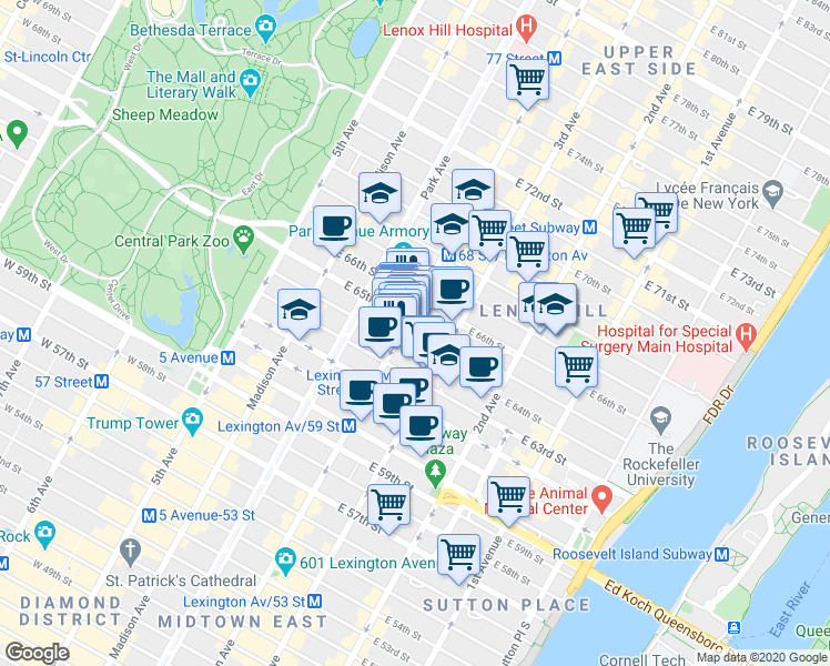 map of restaurants, bars, coffee shops, grocery stores, and more near 140 East 65th Street in New York