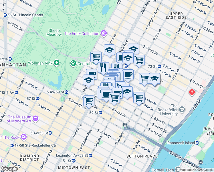 map of restaurants, bars, coffee shops, grocery stores, and more near 130 East 64th Street in New York