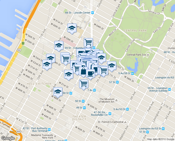 map of restaurants, bars, coffee shops, grocery stores, and more near 235 West 55th Street in New York