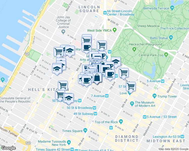 map of restaurants, bars, coffee shops, grocery stores, and more near 304 West 55th Street in New York