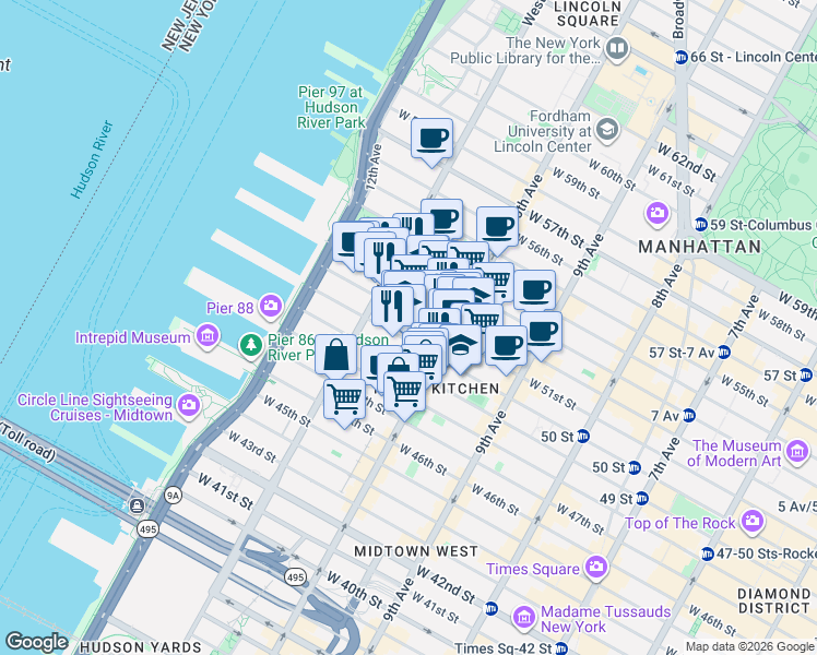 map of restaurants, bars, coffee shops, grocery stores, and more near 533 West 50th Street in New York