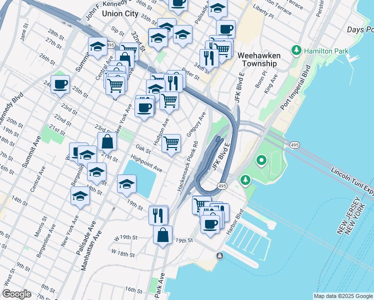 map of restaurants, bars, coffee shops, grocery stores, and more near 518 Gregory Avenue in Weehawken