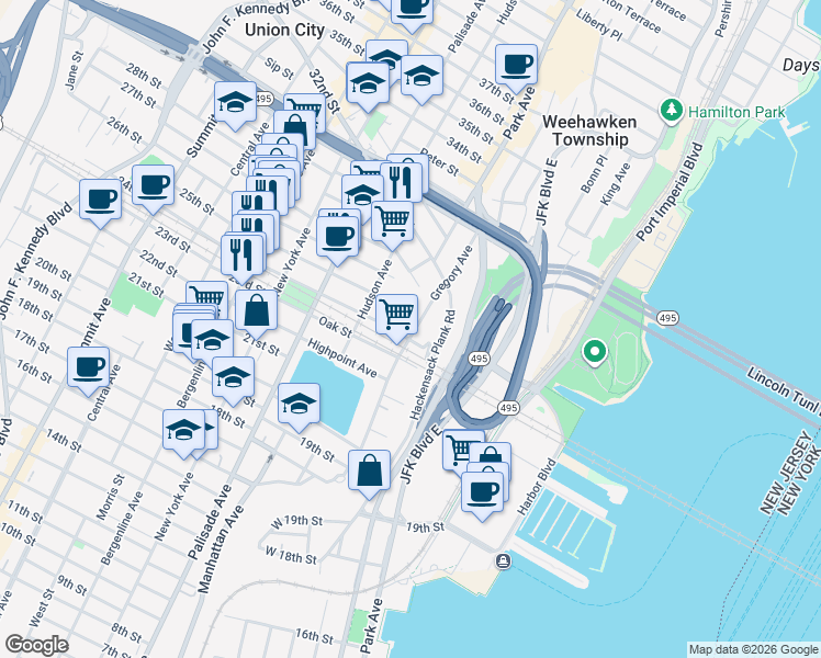 map of restaurants, bars, coffee shops, grocery stores, and more near 104 Shippen Street in Weehawken