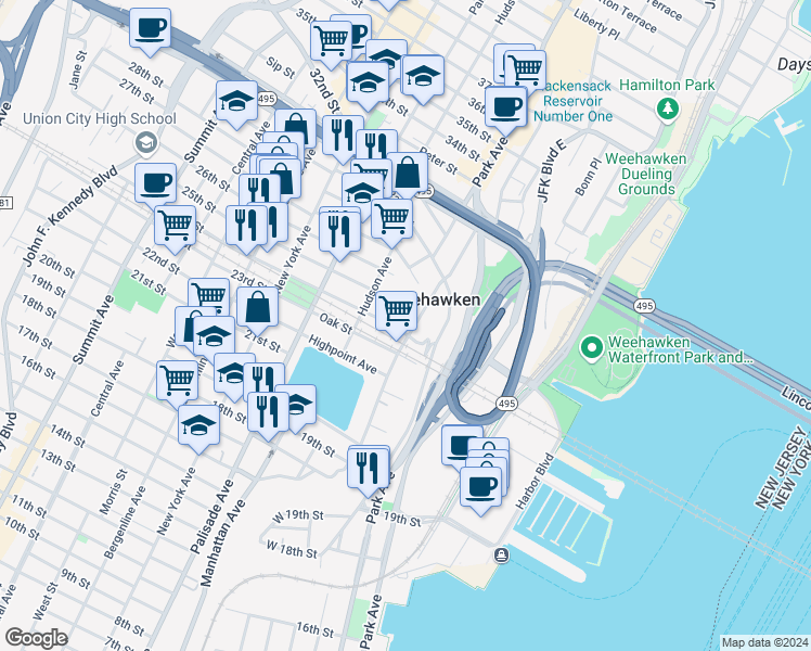 map of restaurants, bars, coffee shops, grocery stores, and more near 104 Shippen Street in Weehawken