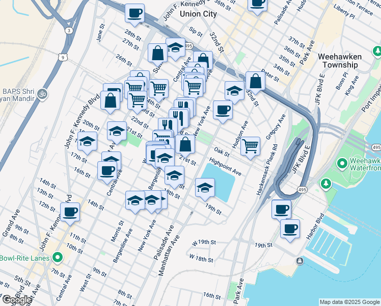 map of restaurants, bars, coffee shops, grocery stores, and more near 2105 New York Avenue in Union City
