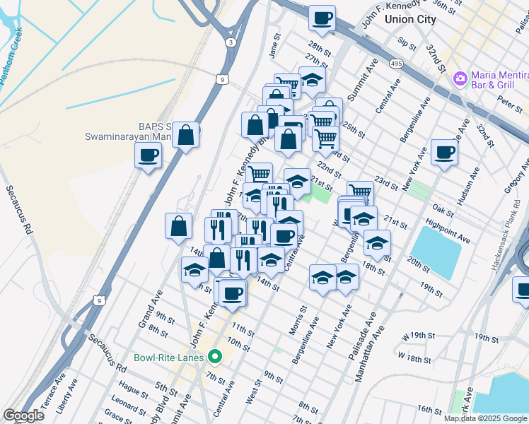 map of restaurants, bars, coffee shops, grocery stores, and more near 823 18th Street in Union City