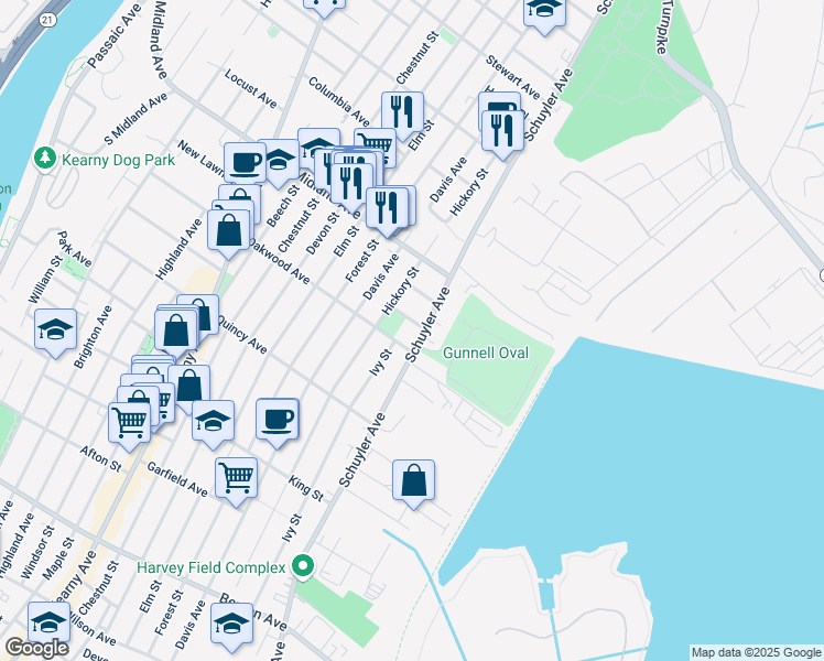 map of restaurants, bars, coffee shops, grocery stores, and more near 500 Schuyler Avenue in Kearny