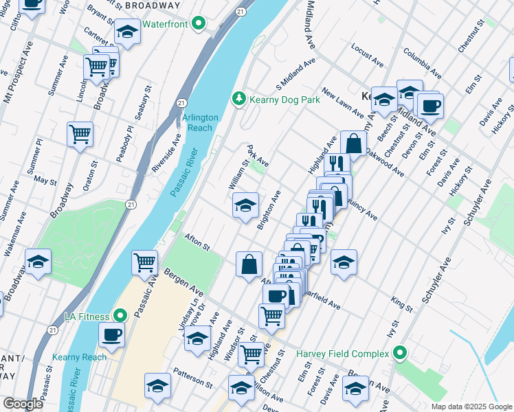 map of restaurants, bars, coffee shops, grocery stores, and more near 406 Belgrove Drive in Kearny