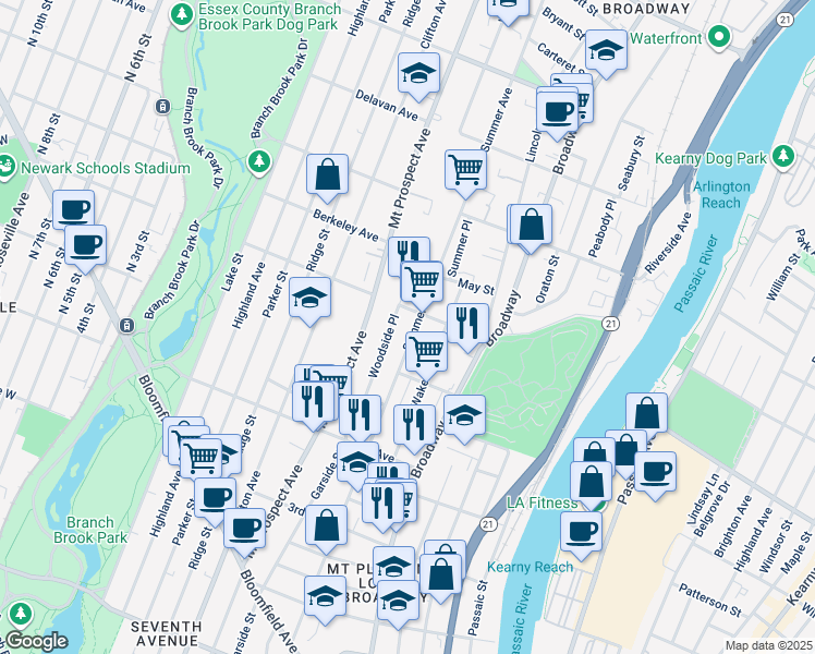 map of restaurants, bars, coffee shops, grocery stores, and more near 73 Woodside Place in Newark