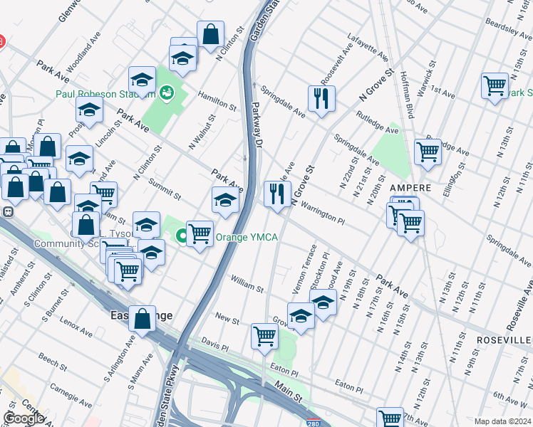 map of restaurants, bars, coffee shops, grocery stores, and more near 233 North Maple Avenue in East Orange