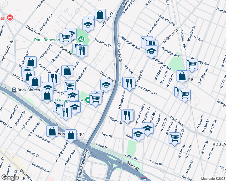map of restaurants, bars, coffee shops, grocery stores, and more near 233 Parkway Drive in East Orange
