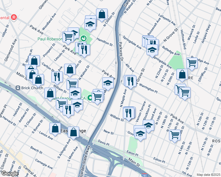 map of restaurants, bars, coffee shops, grocery stores, and more near 233 Parkway Drive in East Orange