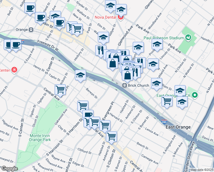 map of restaurants, bars, coffee shops, grocery stores, and more near 65 South Harrison Street in East Orange