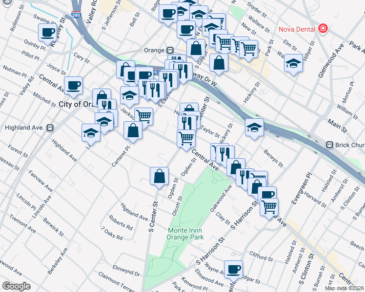 map of restaurants, bars, coffee shops, grocery stores, and more near 210 Central Avenue in City of Orange
