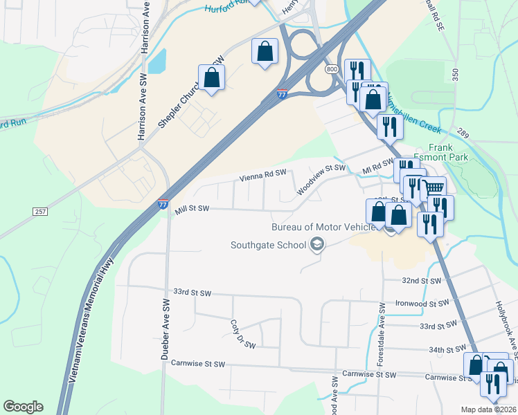 map of restaurants, bars, coffee shops, grocery stores, and more near 2920 Vienna Woods Avenue Southwest in Canton