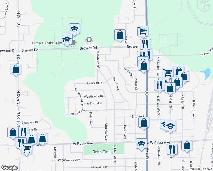 map of restaurants, bars, coffee shops, grocery stores, and more near 2054 N Metcalf St in Lima