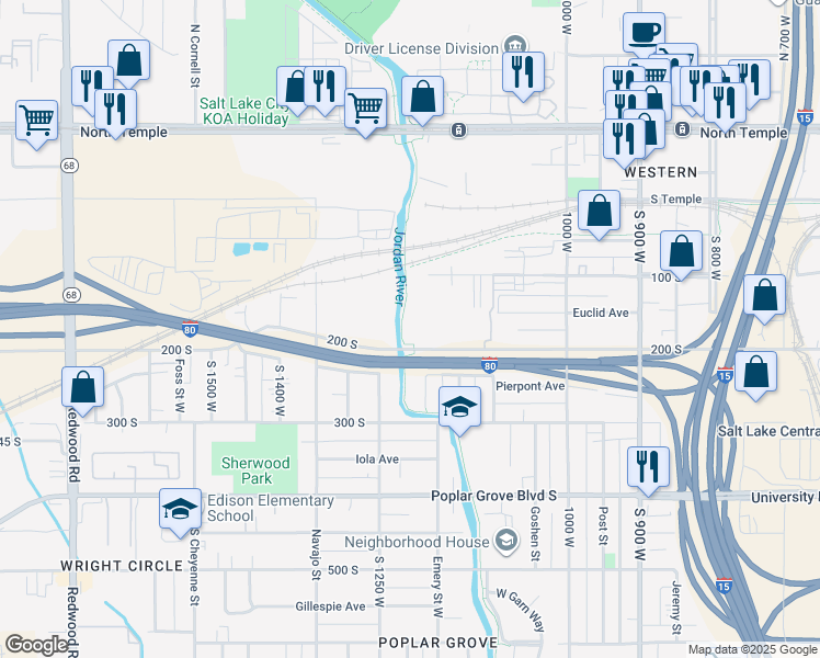 map of restaurants, bars, coffee shops, grocery stores, and more near 1206 200 South in Salt Lake City