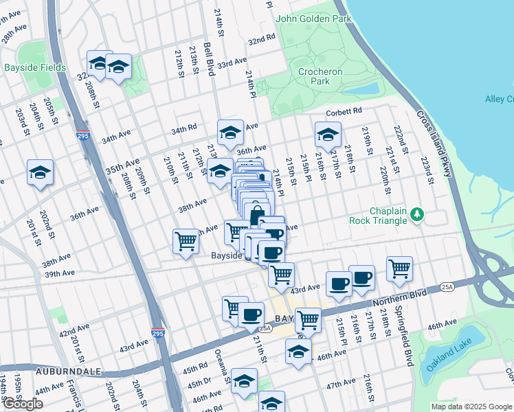 map of restaurants, bars, coffee shops, grocery stores, and more near 213-37 39th Avenue in Queens