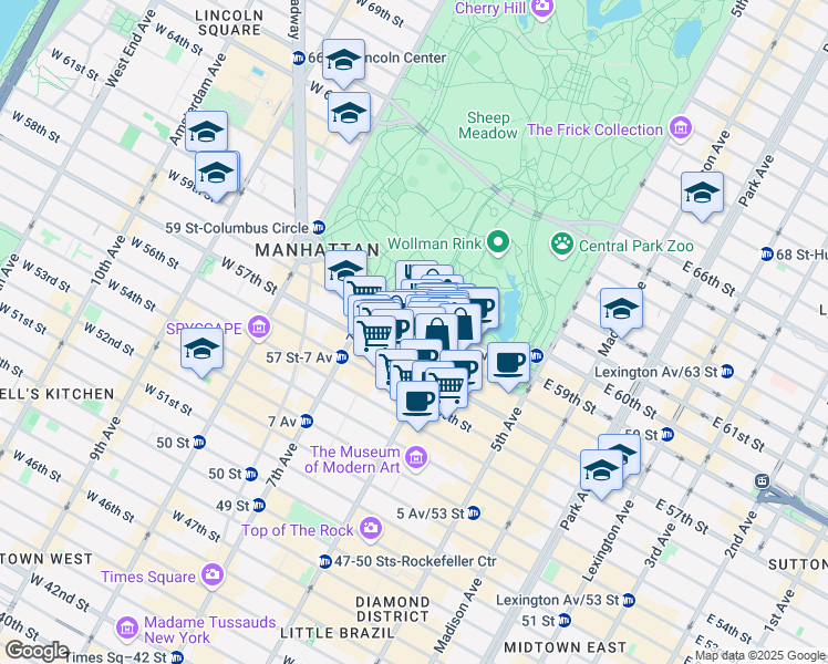 map of restaurants, bars, coffee shops, grocery stores, and more near 131 West 58th Street in New York