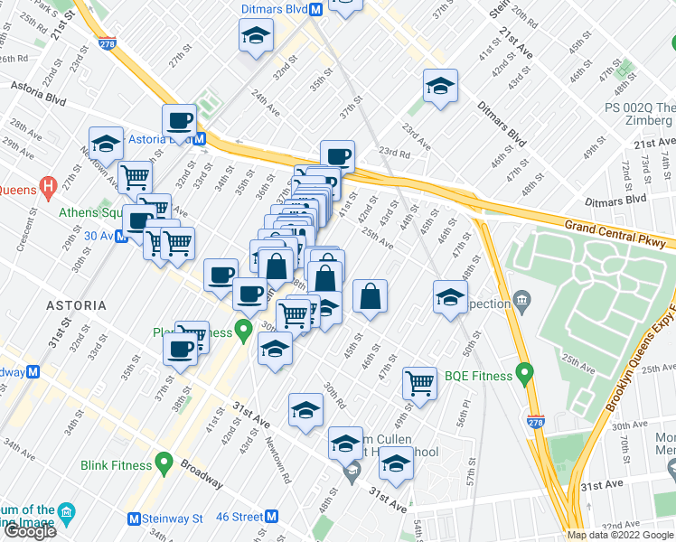 map of restaurants, bars, coffee shops, grocery stores, and more near 25-57 42nd Street in Queens