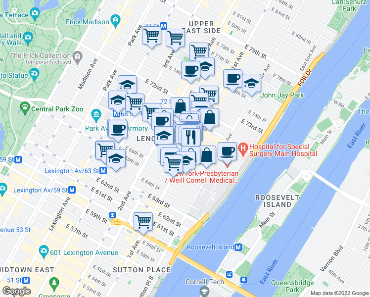 map of restaurants, bars, coffee shops, grocery stores, and more near 1274 1st Avenue in New York