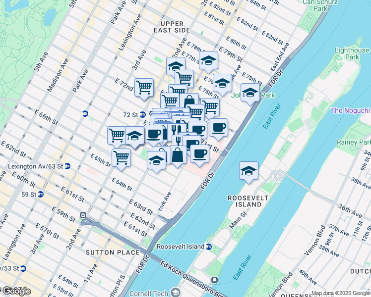 map of restaurants, bars, coffee shops, grocery stores, and more near 1305 York Avenue in New York