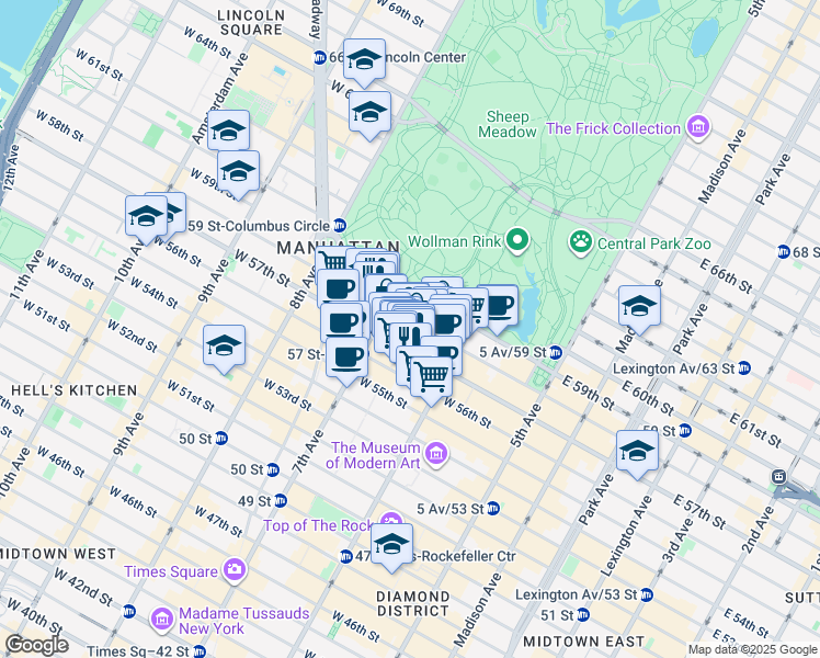 map of restaurants, bars, coffee shops, grocery stores, and more near 150 West 58th Street in New York