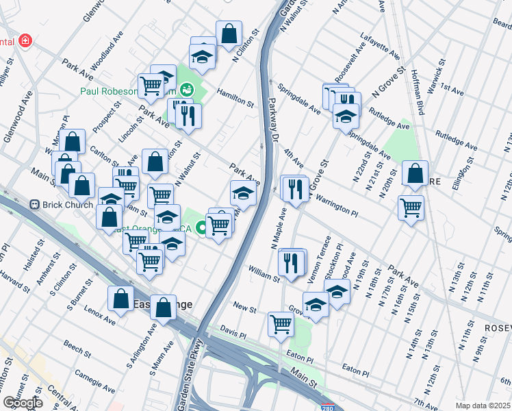 map of restaurants, bars, coffee shops, grocery stores, and more near 233 Parkway Drive in East Orange