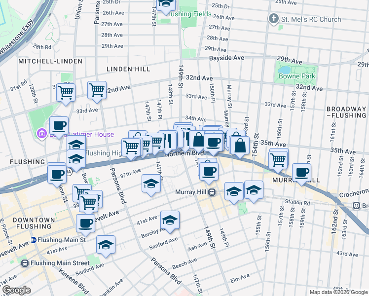 map of restaurants, bars, coffee shops, grocery stores, and more near 149-05 Northern Boulevard in Queens