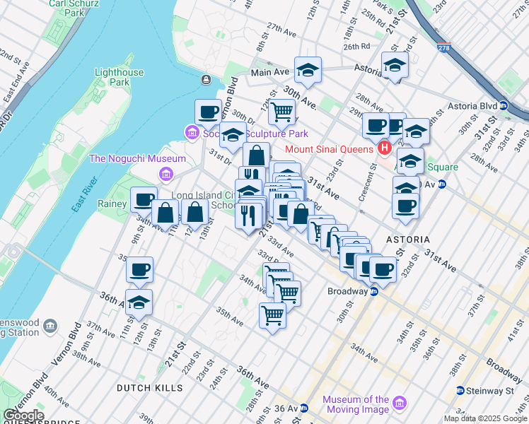 map of restaurants, bars, coffee shops, grocery stores, and more near 14-45 Broadway in Queens