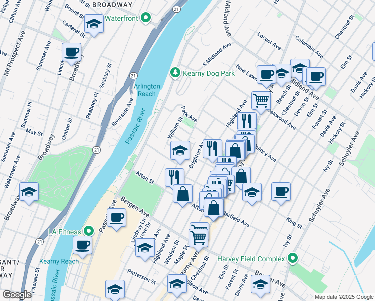map of restaurants, bars, coffee shops, grocery stores, and more near 406 Belgrove Drive in Kearny