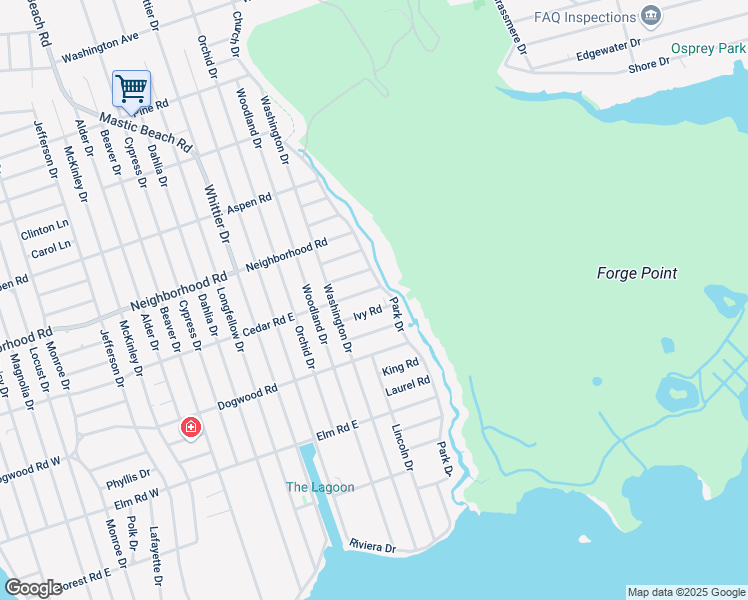 map of restaurants, bars, coffee shops, grocery stores, and more near 1 Ivy Road in Mastic Beach