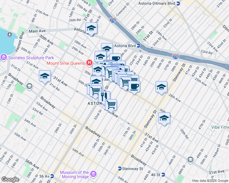 map of restaurants, bars, coffee shops, grocery stores, and more near 30-40 32nd Street in Queens