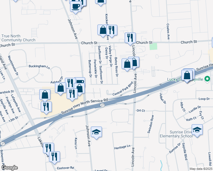 map of restaurants, bars, coffee shops, grocery stores, and more near 48 Ticonderoga Drive in Bohemia