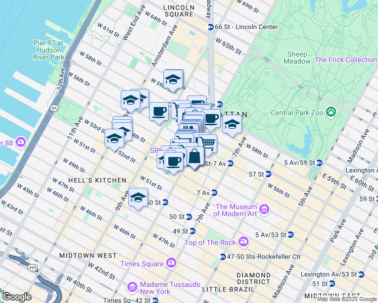 map of restaurants, bars, coffee shops, grocery stores, and more near 304 West 55th Street in New York
