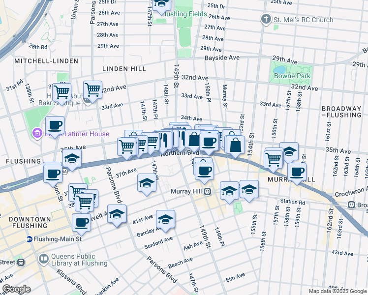 map of restaurants, bars, coffee shops, grocery stores, and more near 35-35 149th Place in Queens