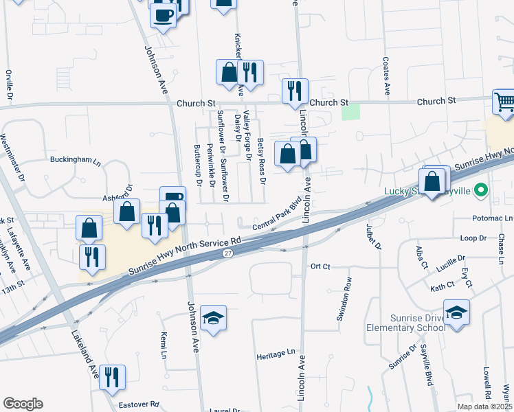 map of restaurants, bars, coffee shops, grocery stores, and more near 66 Ticonderoga Drive in Bohemia