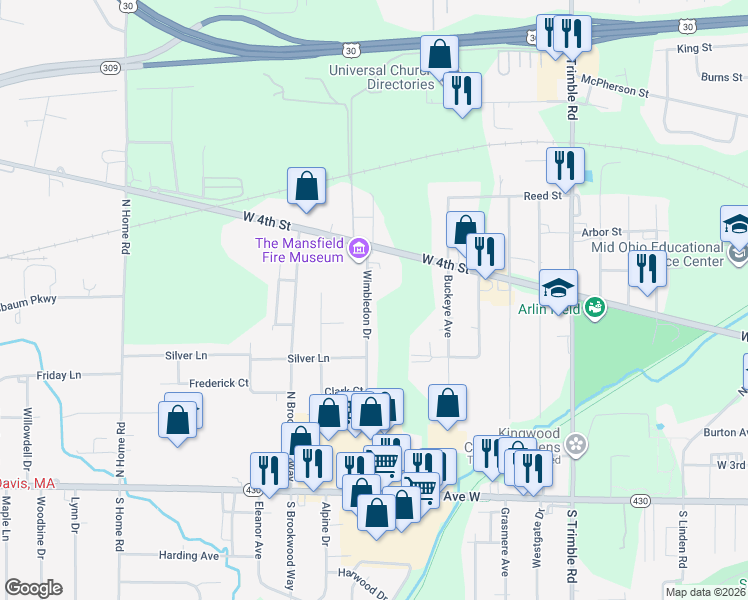 map of restaurants, bars, coffee shops, grocery stores, and more near 246 Wimbledon Drive in Mansfield